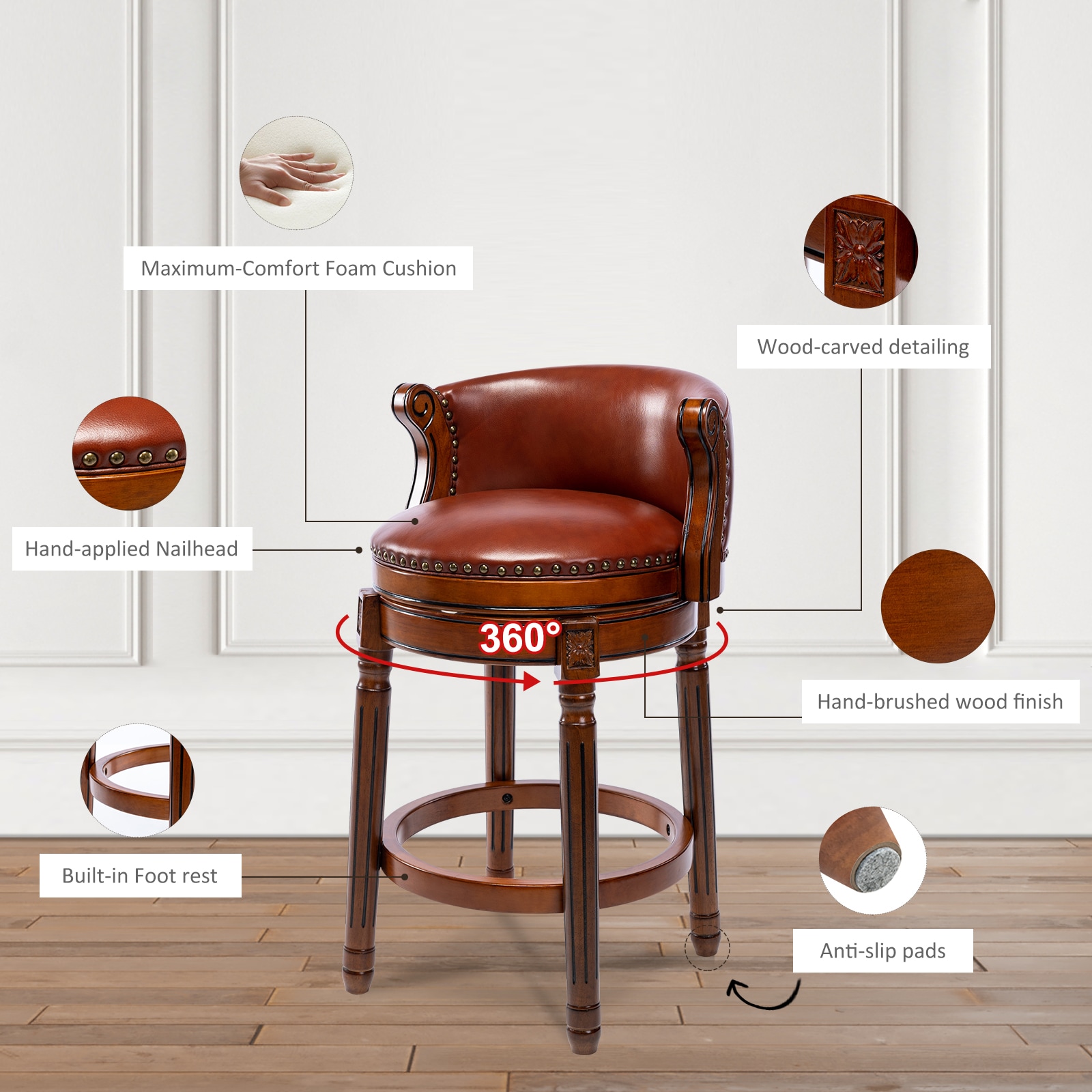 Seat height 26'' Cow top Leather Wooden Bar Stools, 360 Degree Swivel Bar Height Chair with Backs for Home Kitchen Counter